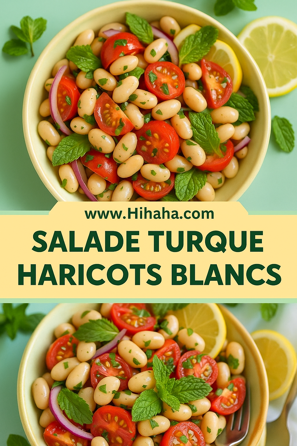 Bol de salade turque aux haricots blancs avec tomates cerises, oignons rouges et persil frais.